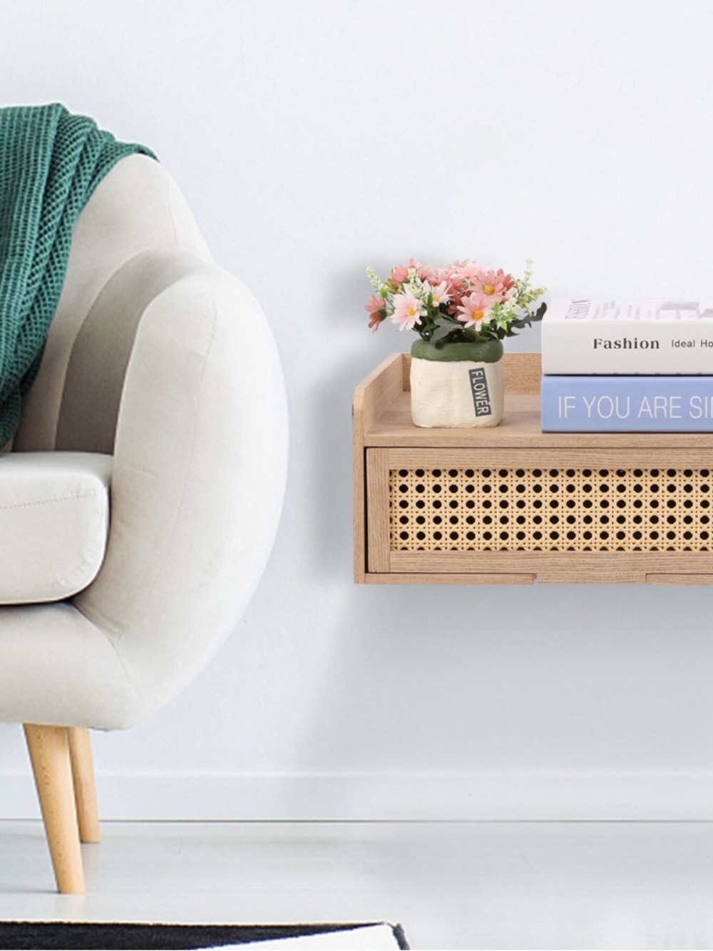New Boho Single-Drawer Floating Rattan Nightstand, 16x12x7” - Picture 3 of 7